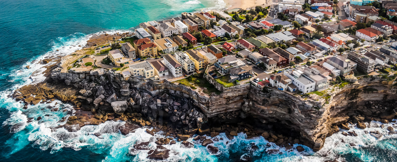 Aerial view of houses on cliff
